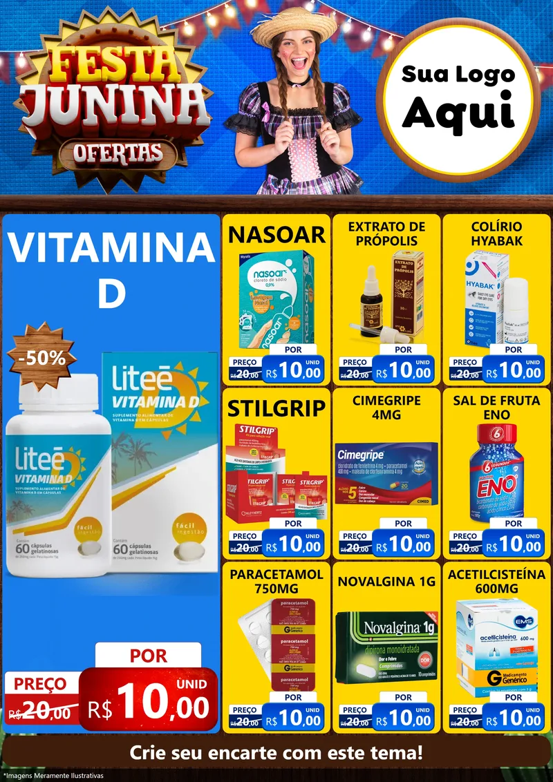 Modelo de Encarte para Encarte A4 Vertical com o tema Festa Junina Ofertas para Farmácia