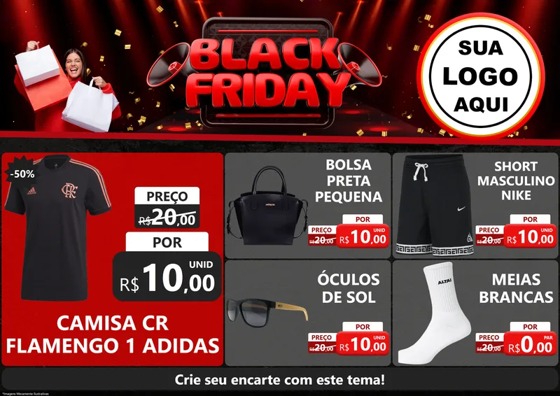 Modelo de Encarte para Encarte A4 Horizontal com o tema Black Friday para Roupas e acessórios