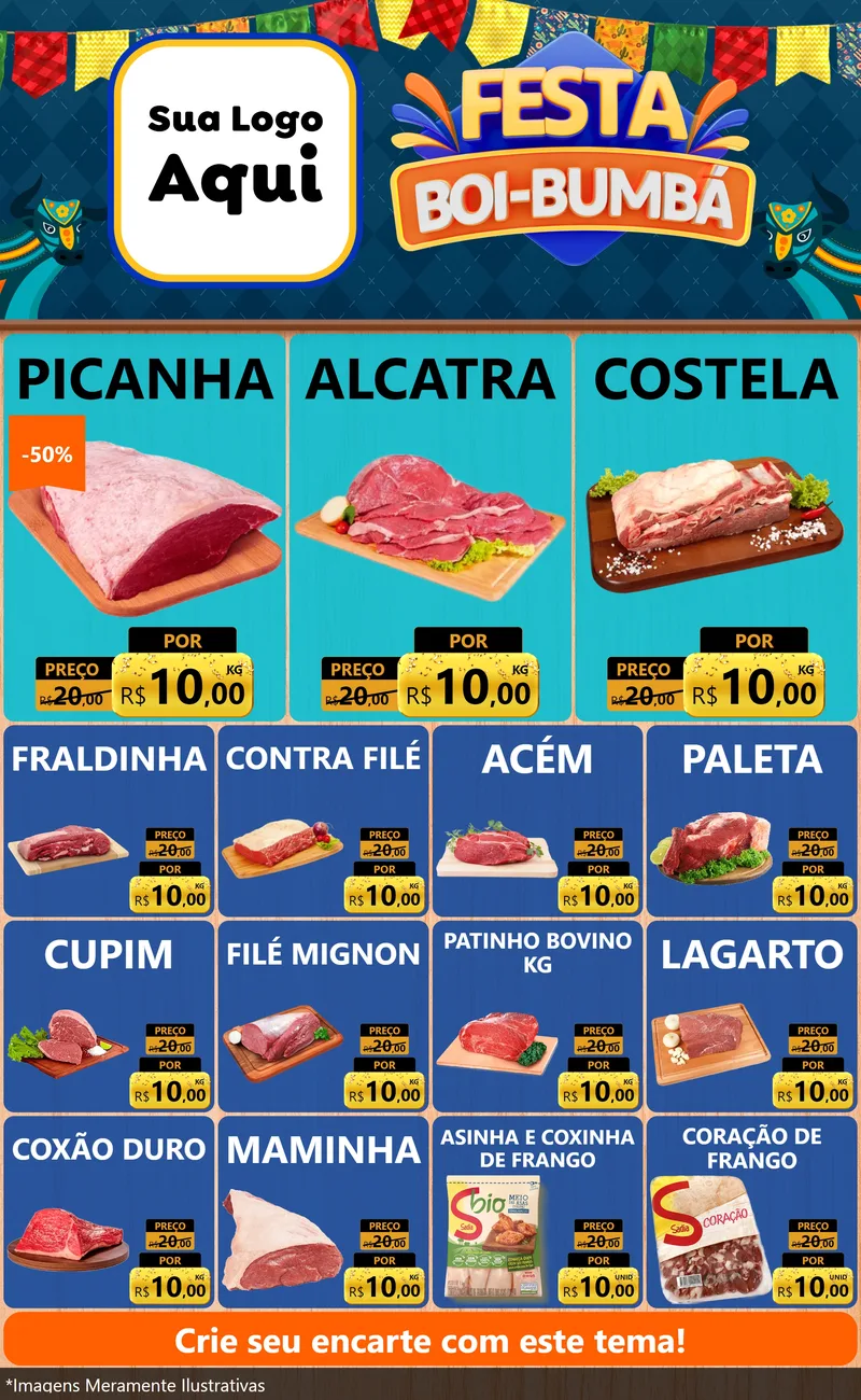 Modelo de Encarte para Encarte Grande com o tema Festa Boi Bumbá para Açougue