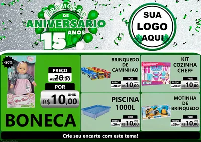 Modelo de Encarte para Encarte A4 Horizontal com o tema Promoção de Aniversário - 15 Anos para Brinquedos