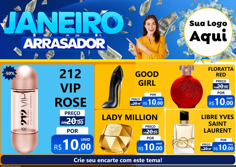 Modelo de Encarte para Encarte A4 Horizontal com o tema Janeiro Arrasador para Perfumes