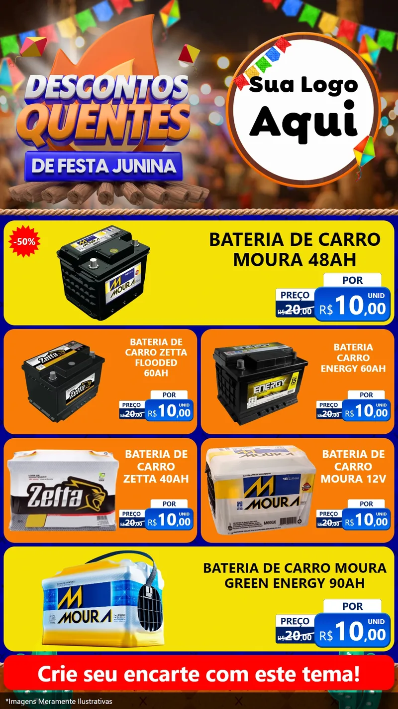 Modelo de TV para TV Vertical com o tema Descontos Quentes de Festa Junina para Baterias Elétricas