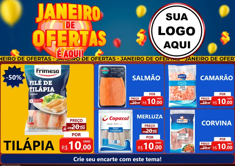 Modelo de Encarte para Encarte A4 Horizontal com o tema Janeiro de Ofertas É Aqui! para Peixaria