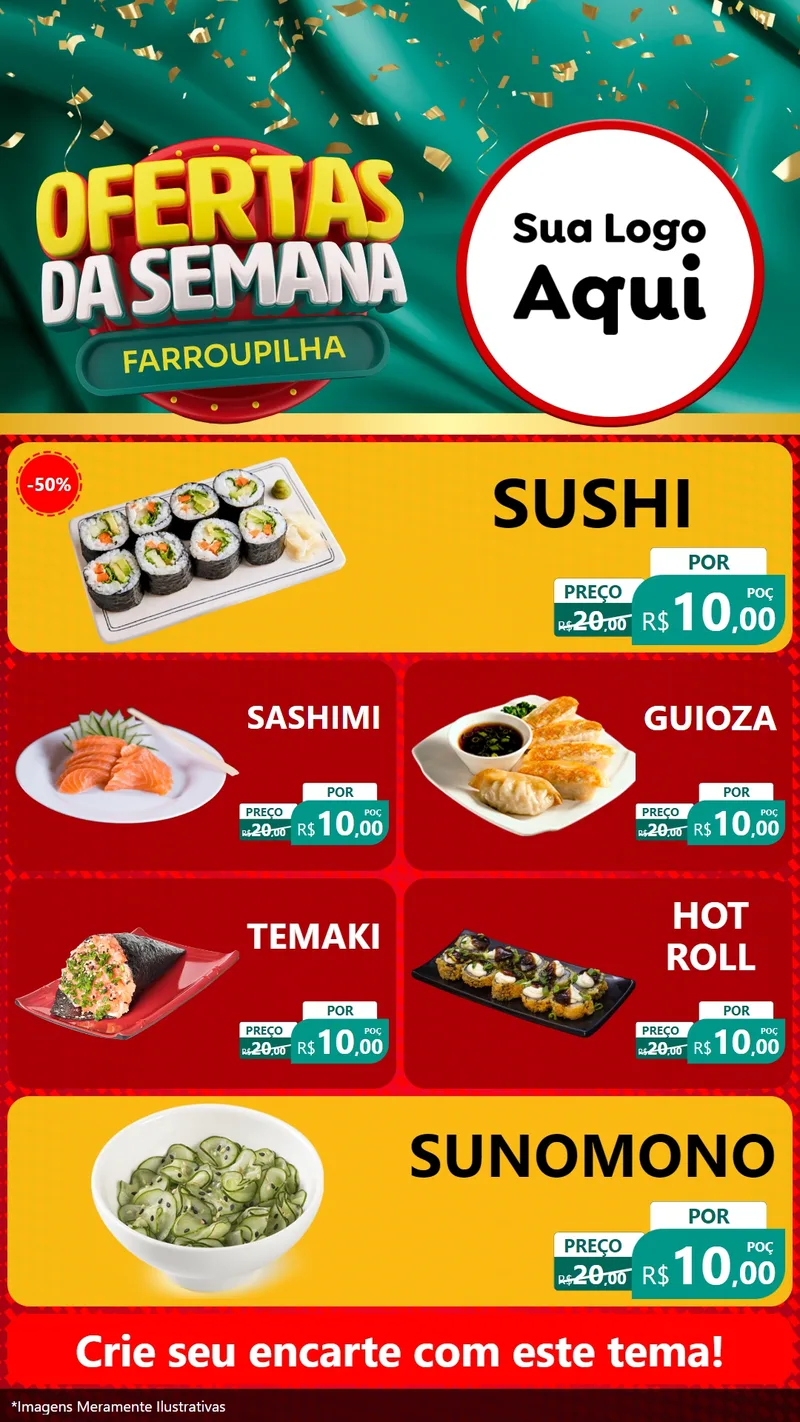 Modelo de TV para TV Vertical com o tema Ofertas da Semana Farroupilha para Comida japonesa