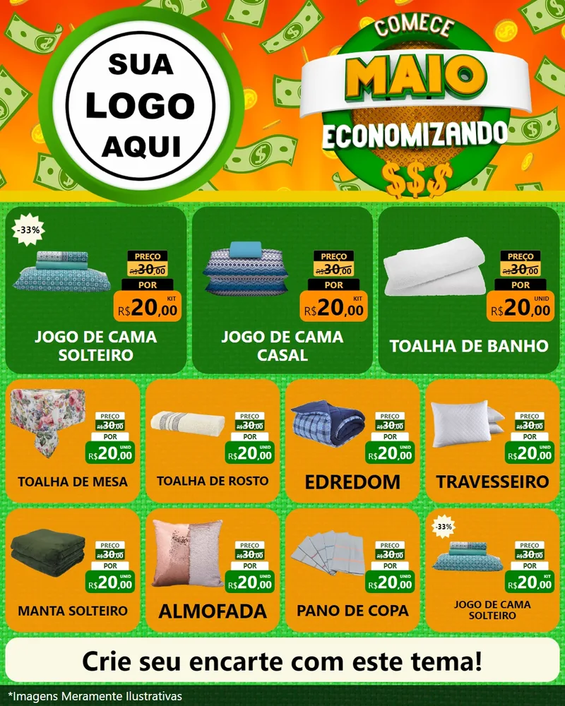 Modelo de Rede Social para Feed Instagram com o tema Comece Maio Economizando para Cama, Mesa e Banho