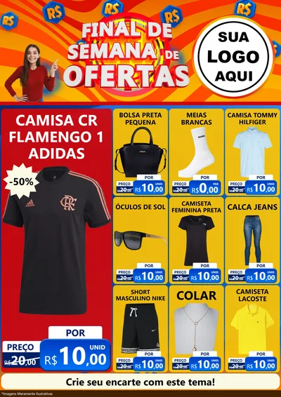 Modelo de Encarte para Encarte A4 Vertical com o tema Final de Semana de Ofertas para Roupas e acessórios