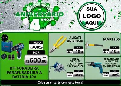 Modelo de Encarte para Encarte A4 Horizontal com o tema Promoção de Aniversário - 4 Anos para Maquinas e Ferramentas