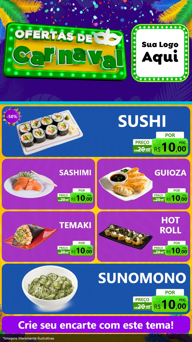 Modelo de TV para TV Vertical com o tema Ofertas de Carnaval para Comida japonesa