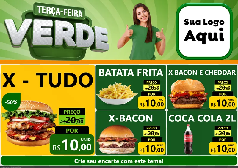 Modelo de Encarte para Encarte A4 Horizontal com o tema Terça - Feira Verde para Hamburgueria