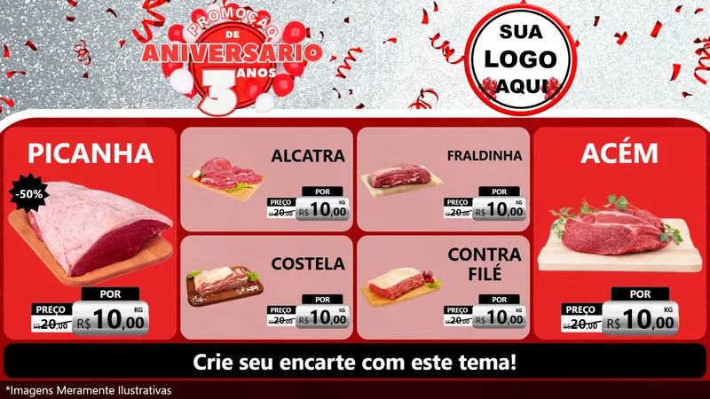 Modelo de TV para TV Horizontal com o tema Promoção de Aniversário - 3 Anos para Açougue