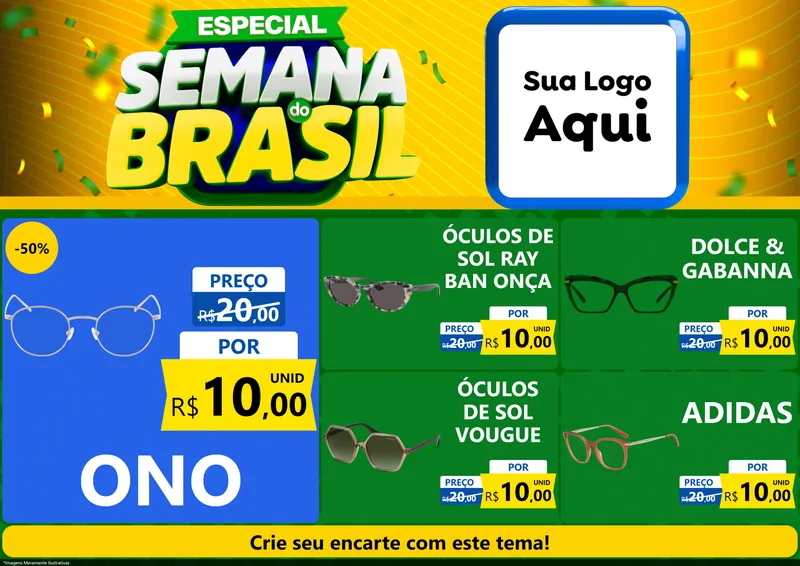 Modelo de Encarte para Encarte A4 Horizontal com o tema Especial Semana do Brasil para Óticas