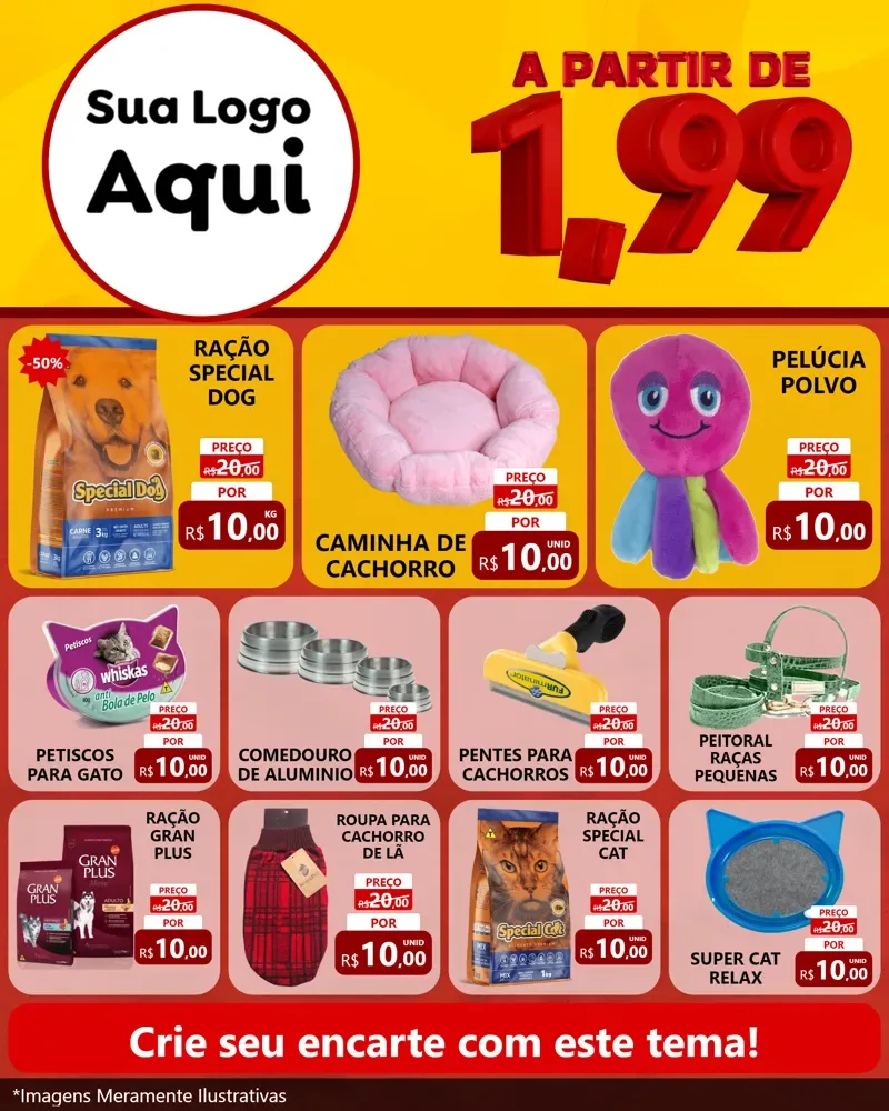 Modelo de Rede Social para Feed Instagram com o tema A Partir de Um e Noventa e Nove - 1,99 para Pet Shop