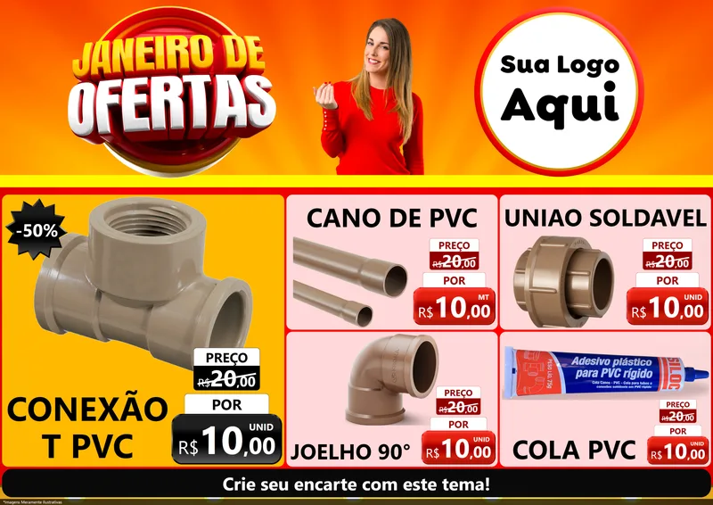 Modelo de Encarte para Encarte A4 Horizontal com o tema Janeiro de Ofertas para Tubos e conexões
