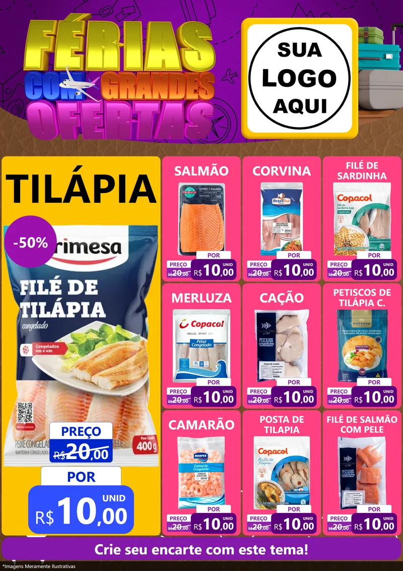 Modelo de Encarte para Encarte A4 Vertical com o tema Férias com Grandes Ofertas para Peixaria