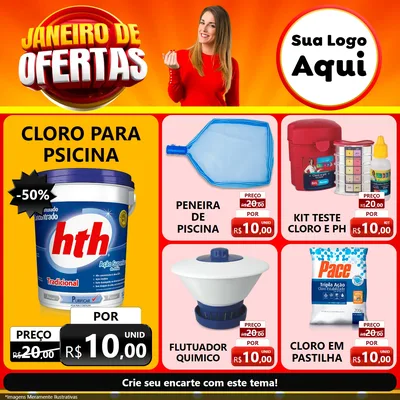 Modelo de Rede Social para Feed Facebook com o tema Janeiro de Ofertas para Produtos para Piscina