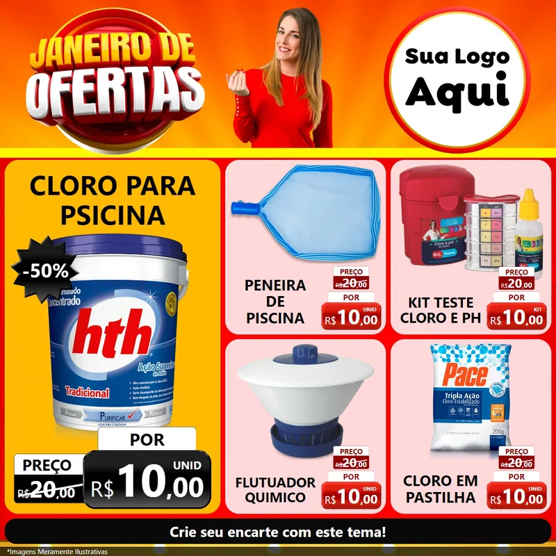 Modelo de Rede Social para Feed Facebook com o tema Janeiro de Ofertas para Produtos para Piscina