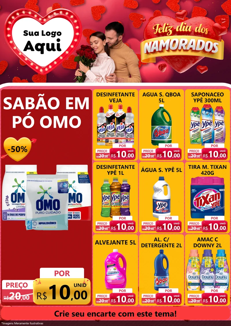 Modelo de Encarte para Encarte A4 Vertical com o tema Feliz Dia Dos Namorados para Produtos de Limpeza