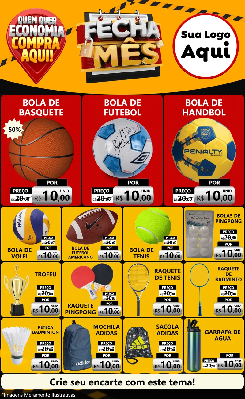 Modelo de Encarte para Encarte Grande com o tema Fecha Mês para Artigos Esportivos