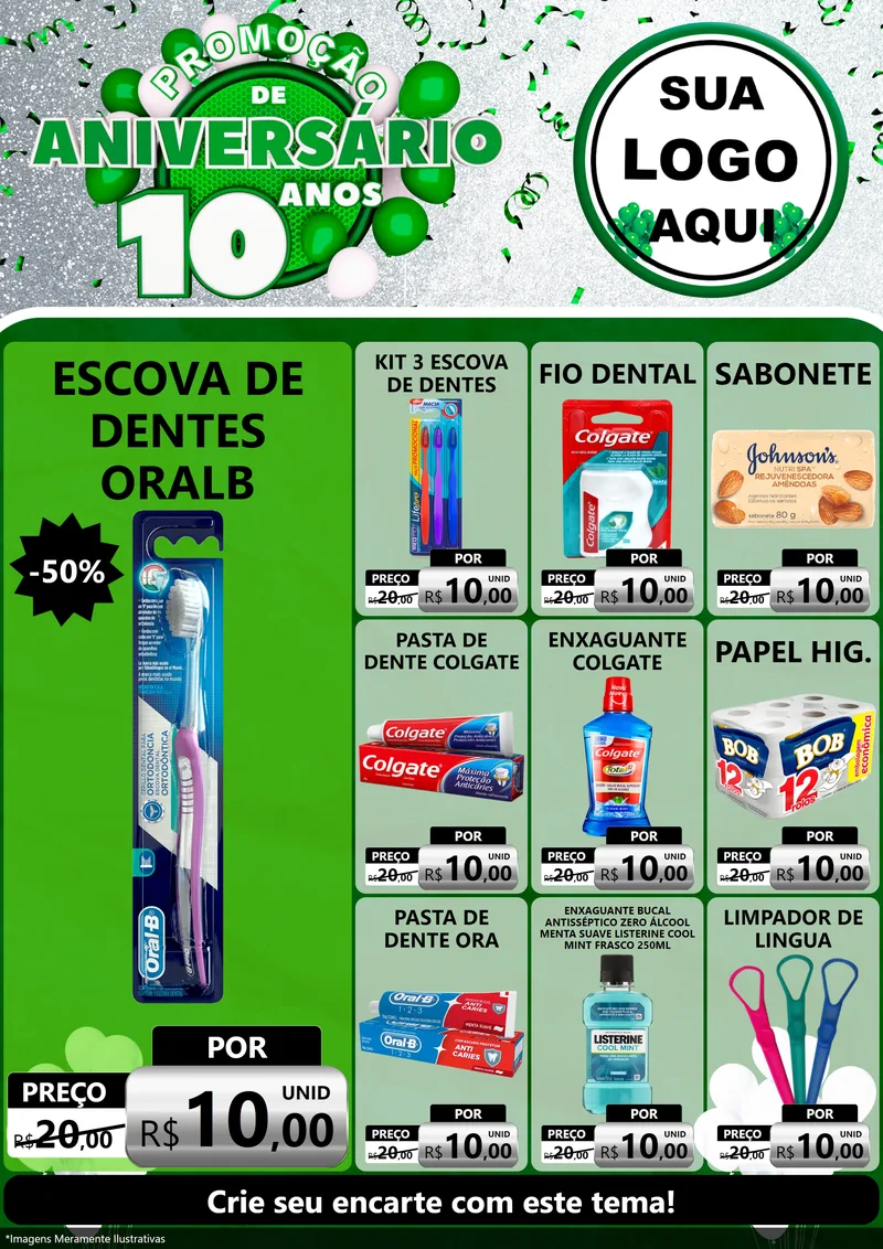 Modelo de Encarte para Encarte A4 Vertical com o tema Promoção de Aniversário - 10 Anos para Higiene Pessoal