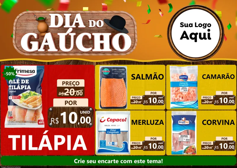 Modelo de Encarte para Encarte A4 Horizontal com o tema Dia do Gaúcho para Peixaria