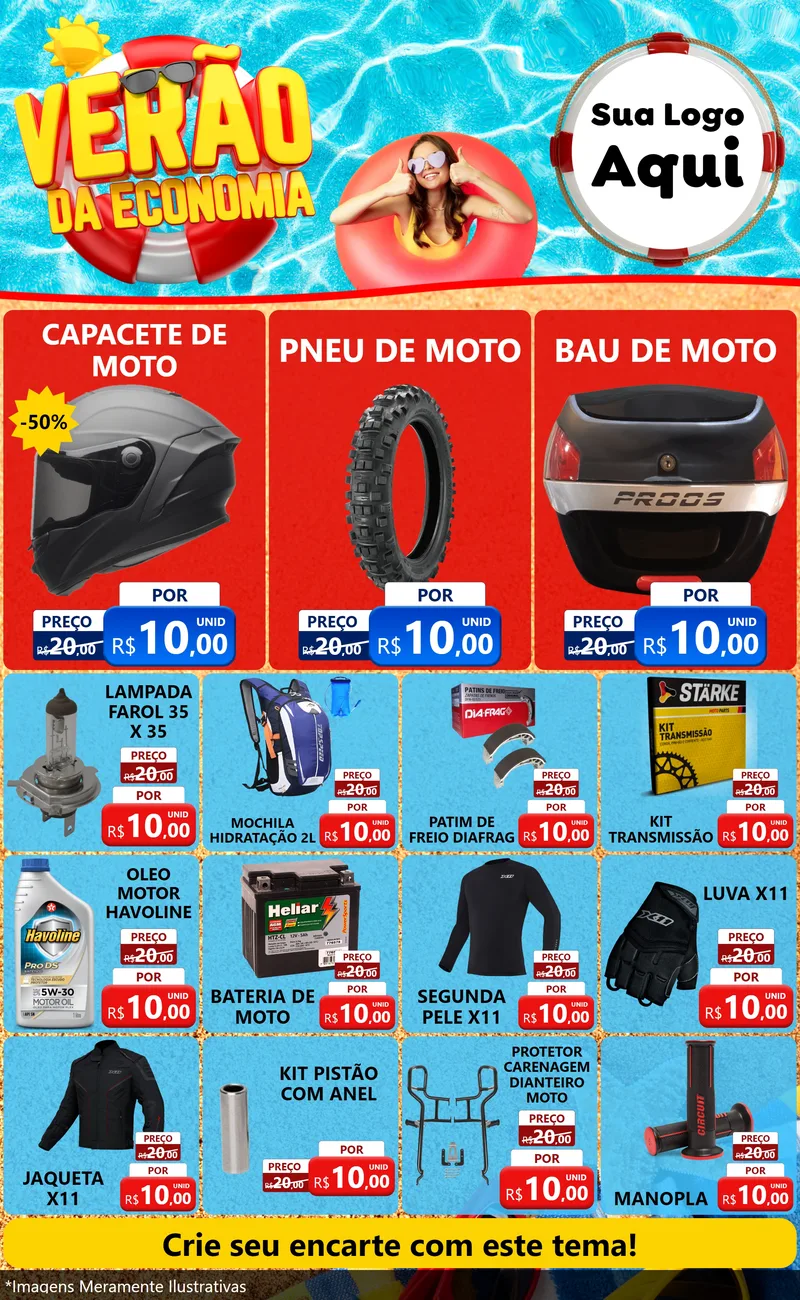 Modelo de Encarte para Encarte Grande com o tema Verão da Economia para Moto peças