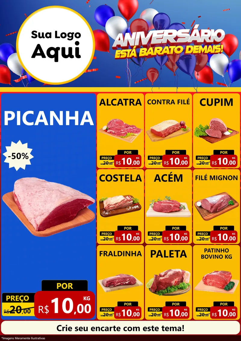 Modelo de Encarte para Encarte A4 Vertical com o tema Aniversário para Açougue