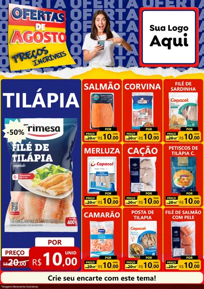 Modelo de Encarte para Encarte A4 Vertical com o tema Ofertas de Agosto - Preços Incríveis para Peixaria