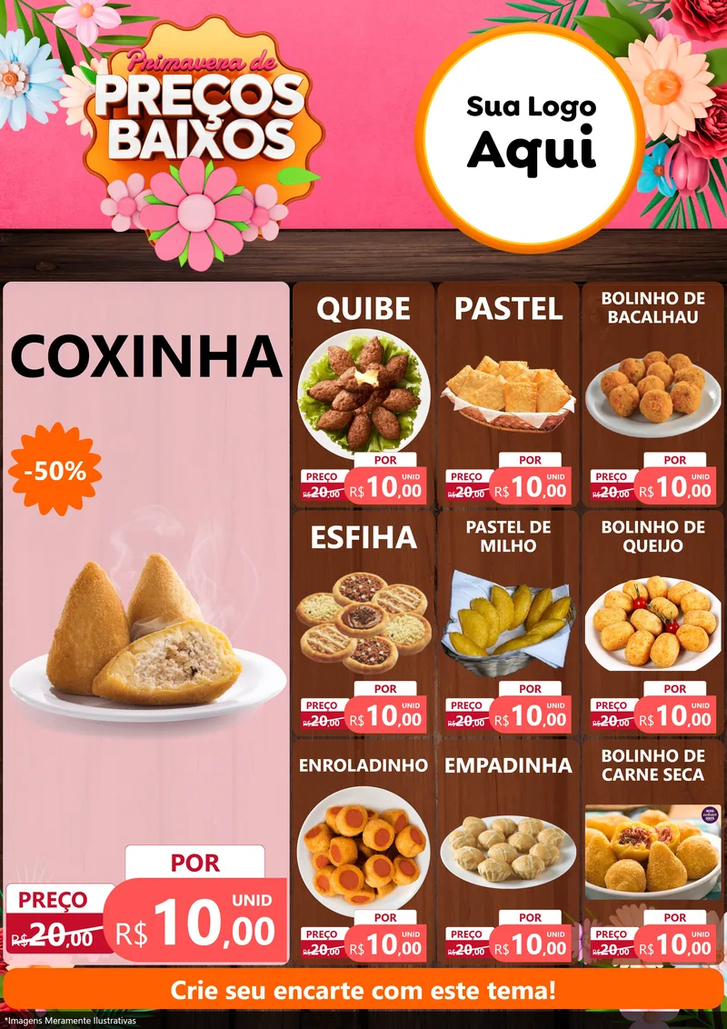 Modelo de Encarte para Encarte A4 Vertical com o tema Primavera de Preços Baixos para Salgadaria