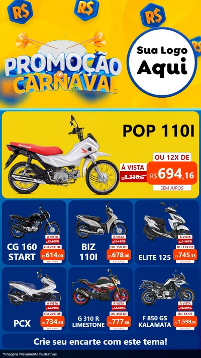 Modelo de Rede Social para Stories com o tema Promoção de Carnaval para Concessionaria de Motos