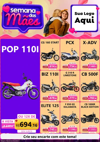 Modelo de Encarte para Encarte A4 Vertical com o tema Semana das Mães para Concessionaria de Motos