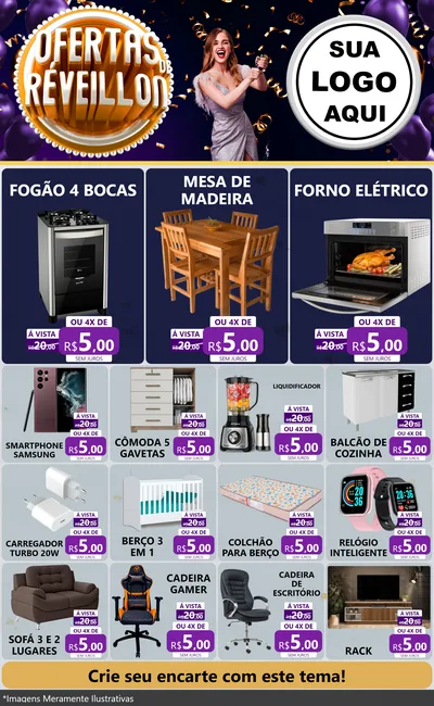 Modelo de Encarte para Encarte Grande com o tema Ofertas de Réveillon para Móveis e Eletro