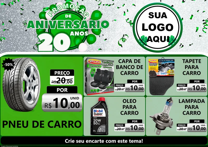 Modelo de Encarte para Encarte A4 Horizontal com o tema Promoção de Aniversário - 20 Anos para Auto peças