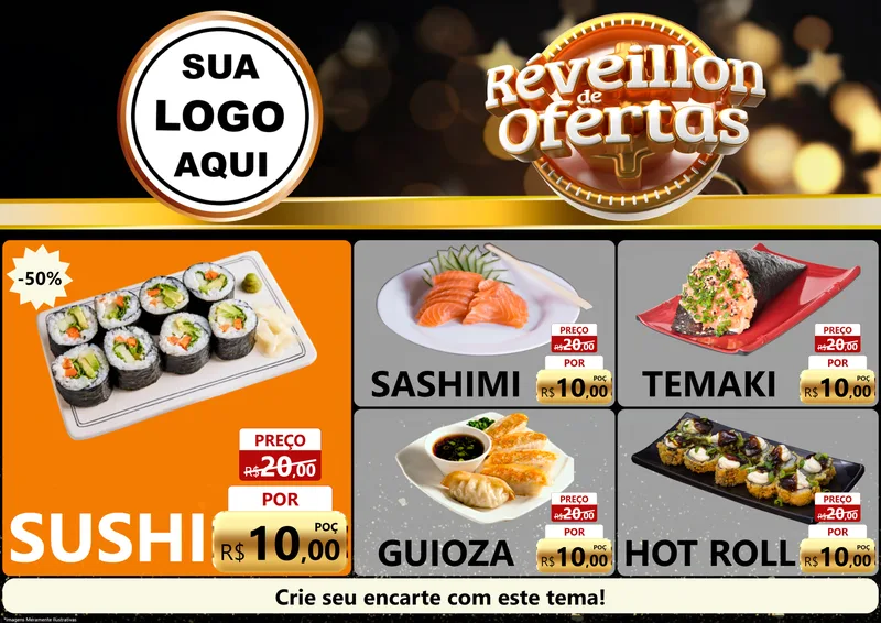 Modelo de Encarte para Encarte A4 Horizontal com o tema Réveillon de Ofertas para Comida japonesa