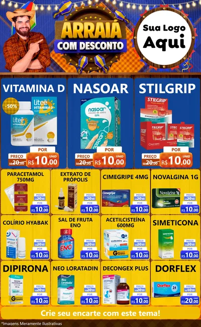 Modelo de Encarte para Encarte Grande com o tema Arraiá Com Desconto para Farmácia