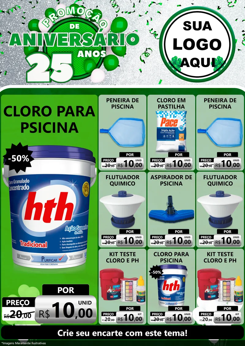 Modelo de Encarte para Encarte A4 Vertical com o tema Promoção de Aniversário - 25 Anos para Produtos para Piscina