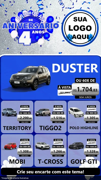 Modelo de Rede Social para Stories com o tema Promoção de Aniversário - 4 Anos para Concessionaria de Carros