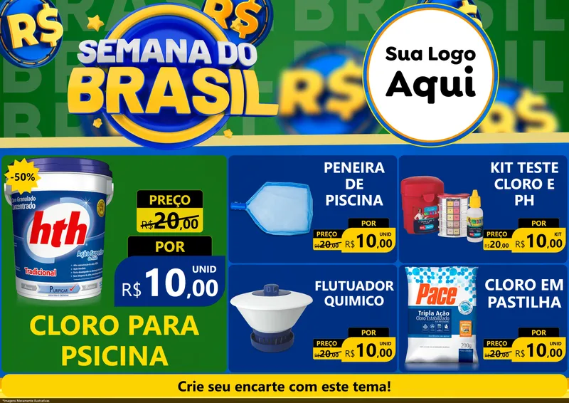 Modelo de Encarte para Encarte A4 Horizontal com o tema Semana Do Brasil para Produtos para Piscina