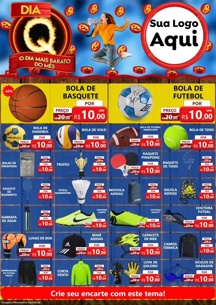 Modelo de Encarte para Encarte A4 Vertical com o tema Dia Q - O Dia Mais Barato Do Mês para Artigos Esportivos