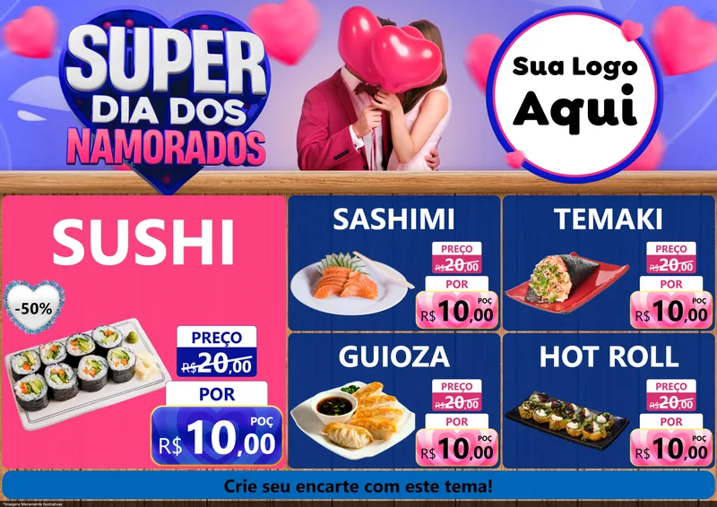 Modelo de Encarte para Encarte A4 Horizontal com o tema Super Dia dos Namorados para Comida japonesa