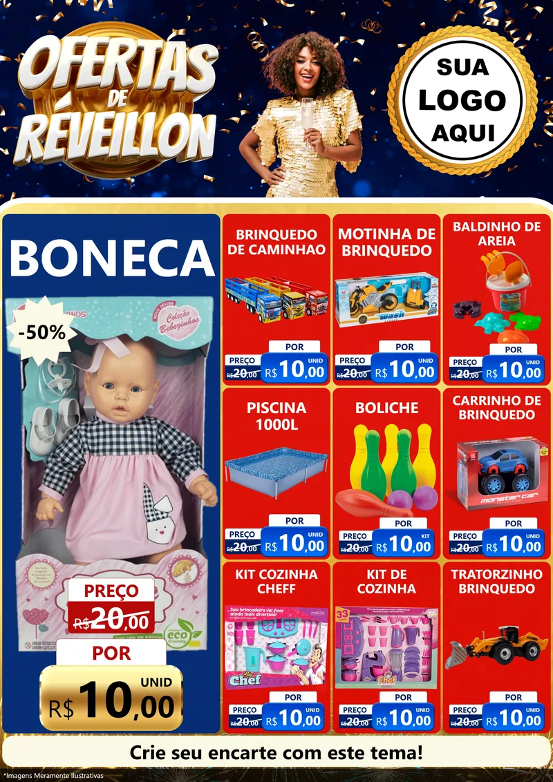 Modelo de Encarte para Encarte A4 Vertical com o tema Ofertas de Réveillon para Brinquedos