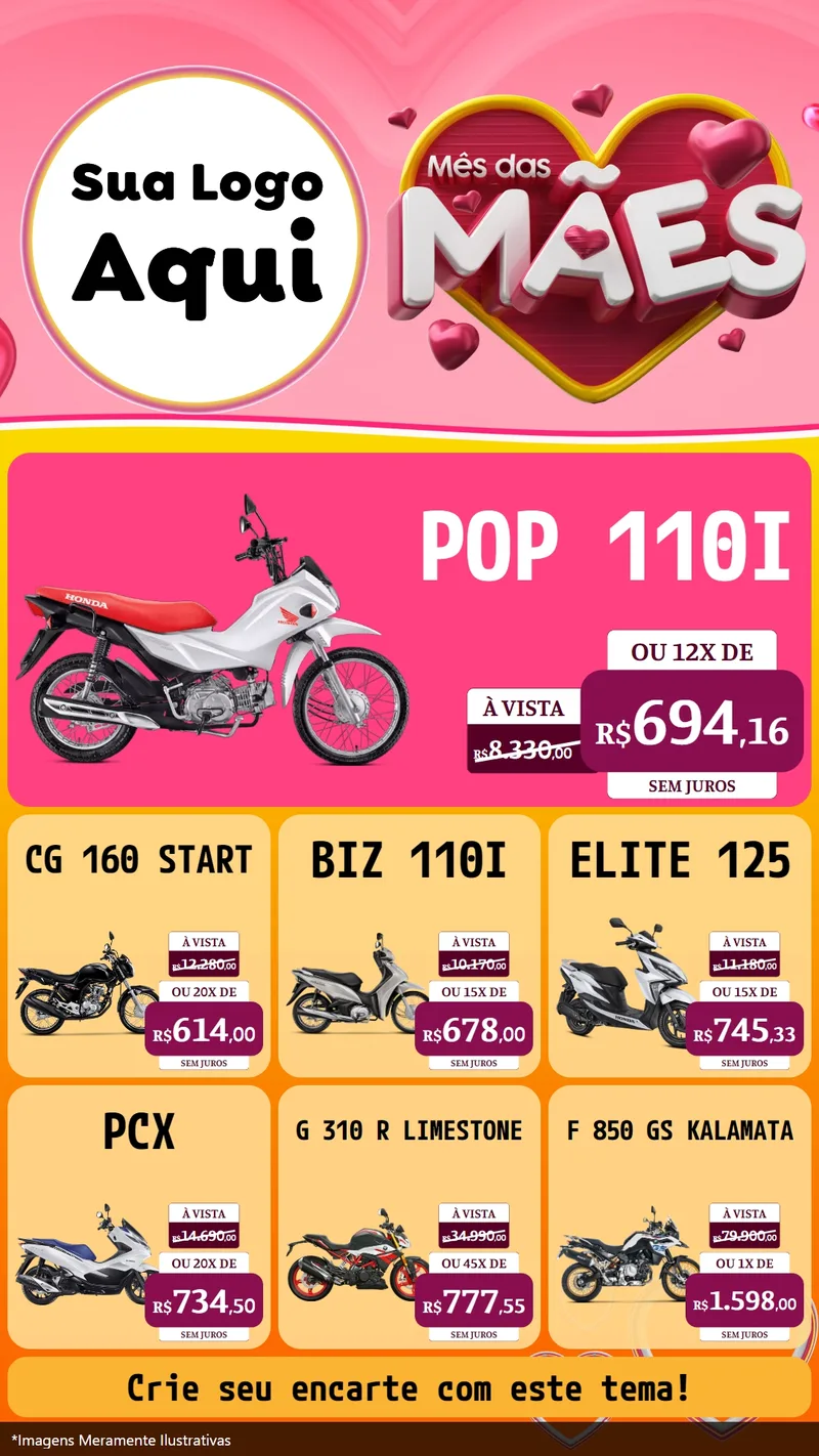 Modelo de Rede Social para Stories com o tema Mês das Mães para Concessionaria de Motos