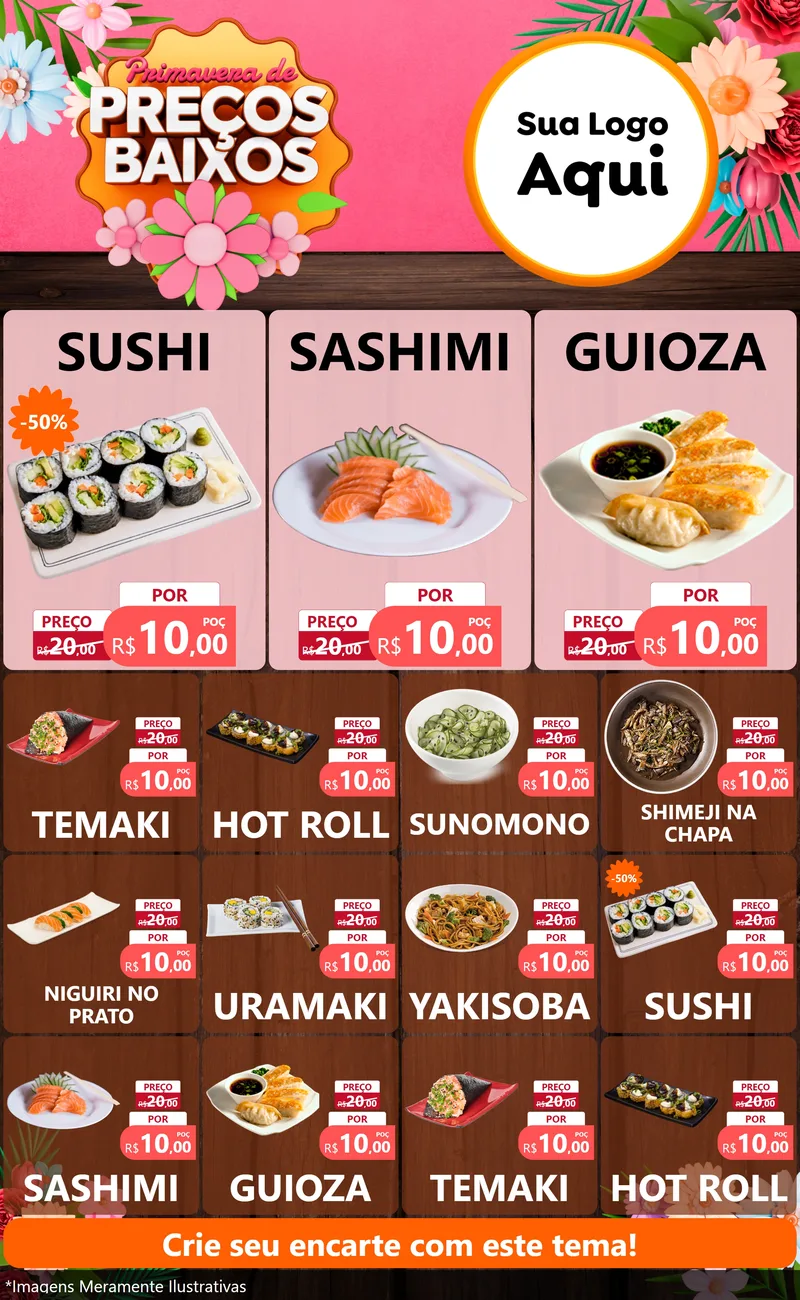 Modelo de Encarte para Encarte Grande com o tema Primavera de Preços Baixos para Comida japonesa