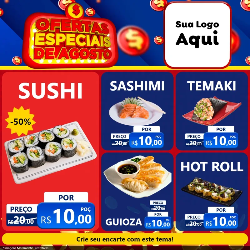 Modelo de Rede Social para Feed Facebook com o tema Ofertas Especiais de Agosto para Comida japonesa