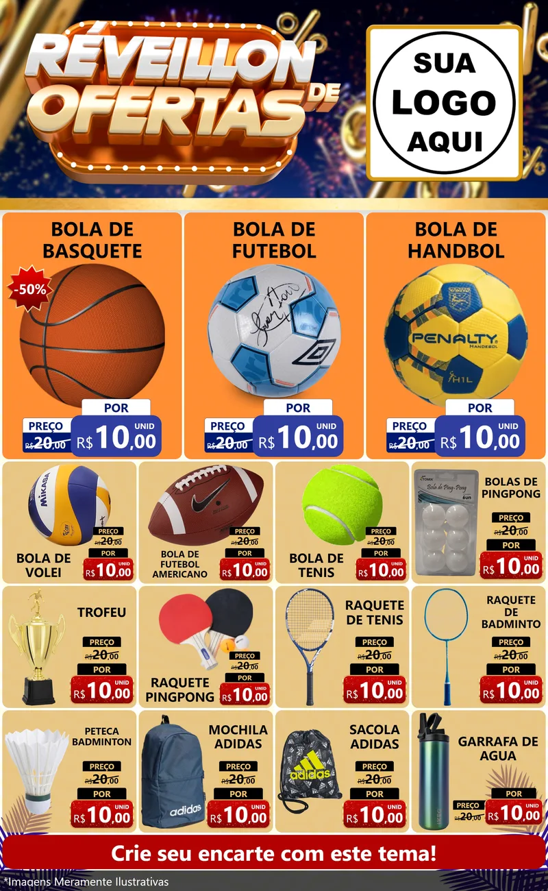 Modelo de Encarte para Encarte Grande com o tema Réveillon de Ofertas para Artigos Esportivos
