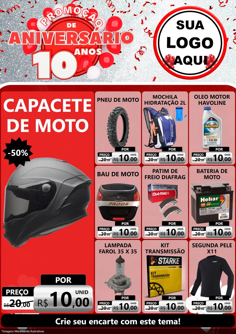 Modelo de Encarte para Encarte A4 Vertical com o tema Promoção de Aniversário - 10 Anos para Moto peças