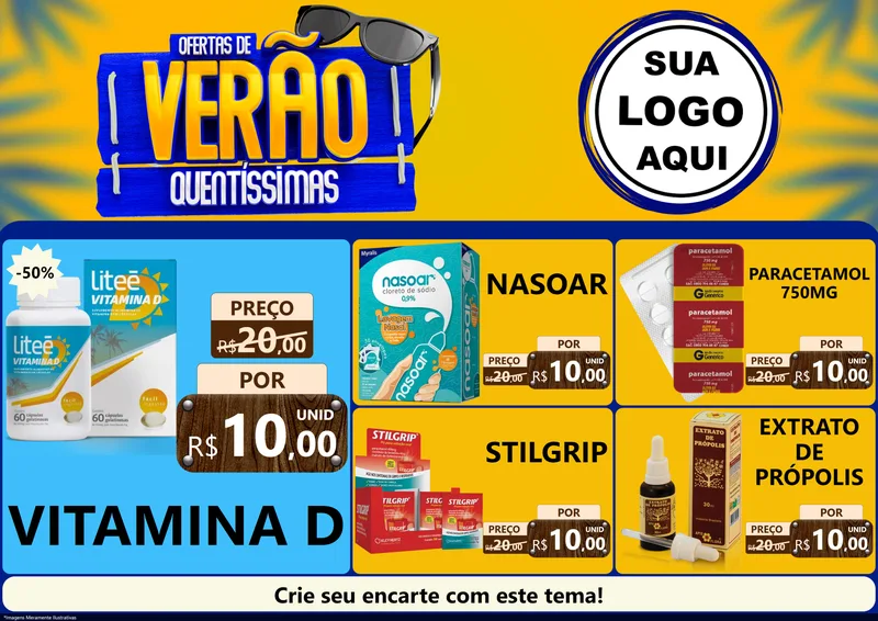Modelo de Encarte para Encarte A4 Horizontal com o tema Ofertas de Verão Quentíssimas para Farmácia
