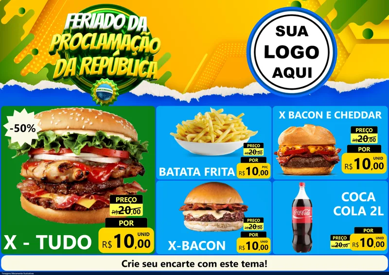 Modelo de Encarte para Encarte A4 Horizontal com o tema Feriado da Proclamação da República para Hamburgueria