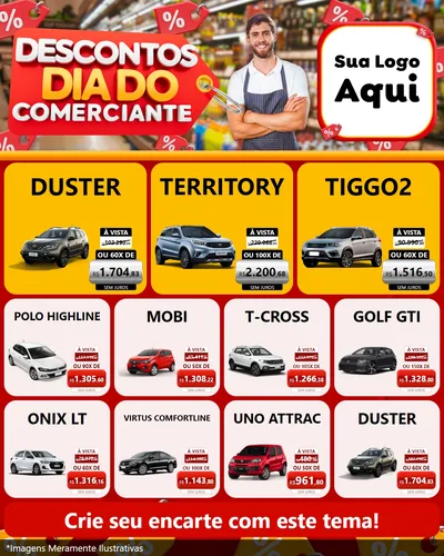 Modelo de Rede Social para Feed Instagram com o tema Descontos Dia do Comerciante para Concessionaria de Carros