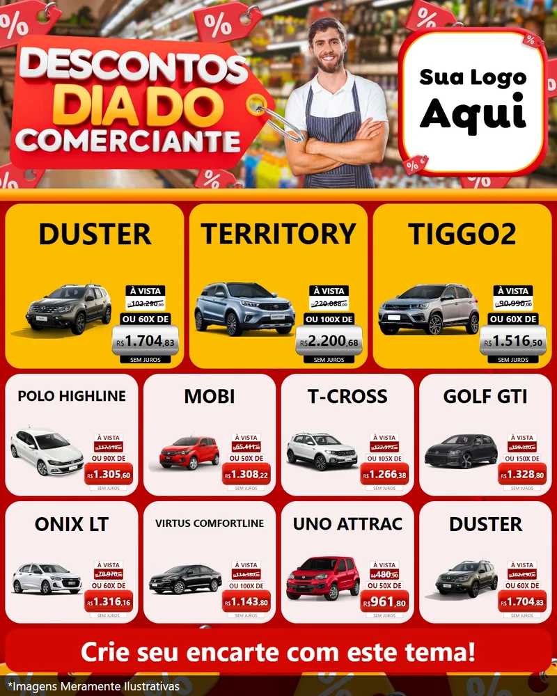 Modelo de Rede Social para Feed Instagram com o tema Descontos Dia do Comerciante para Concessionaria de Carros