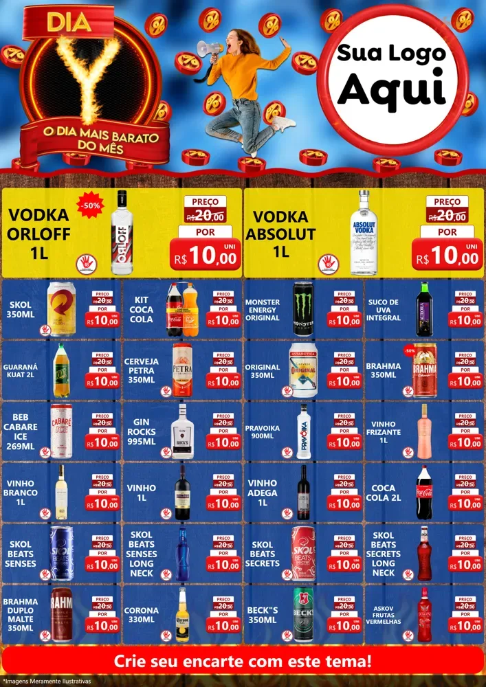 Modelo de Encarte para Encarte A4 Vertical com o tema Dia Y - O Dia Mais Barato Do Mês para Distribuidora de bebidas